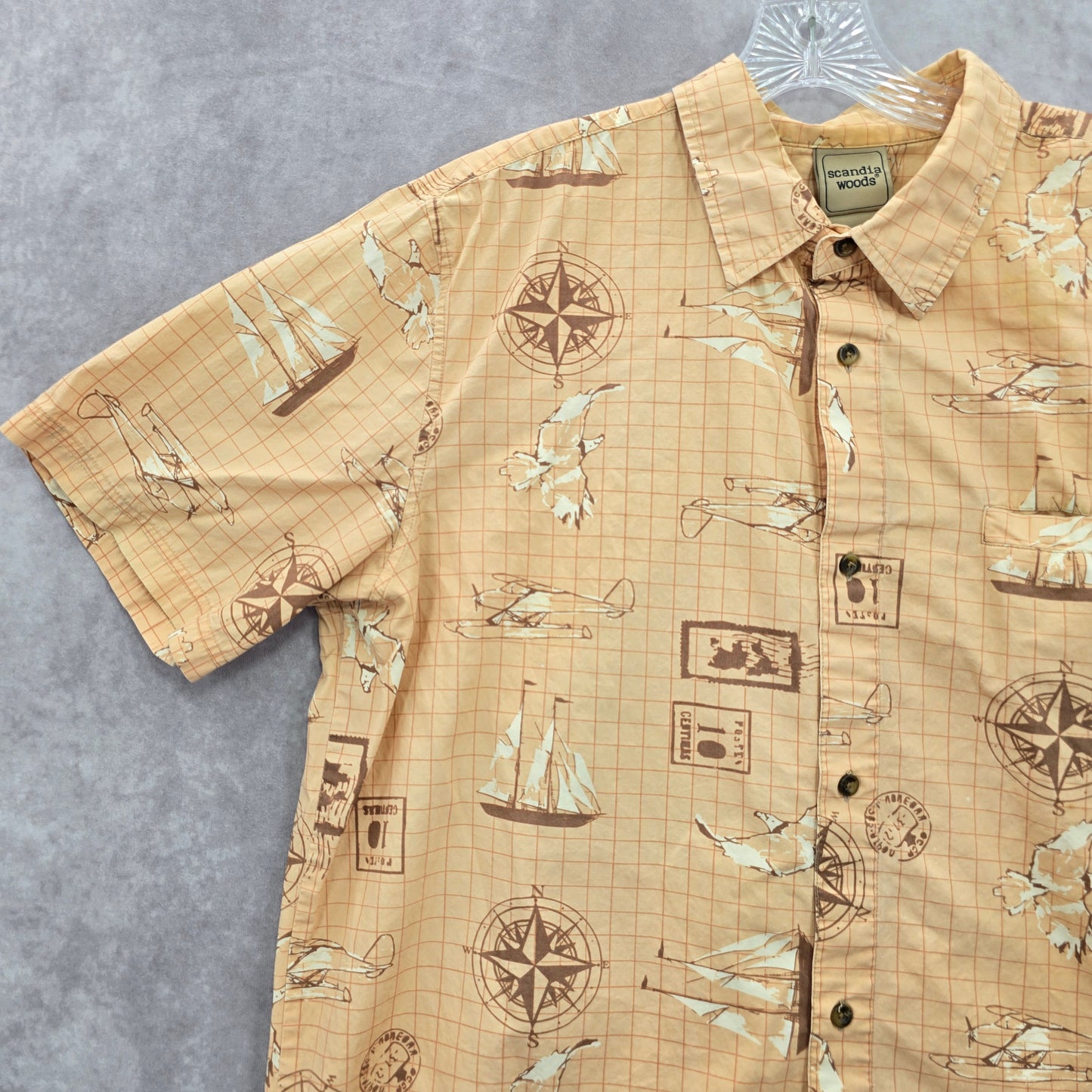 Scandia Woods Orange Compass Travel Tropical Island Vintage Hawaiian Shirt Large