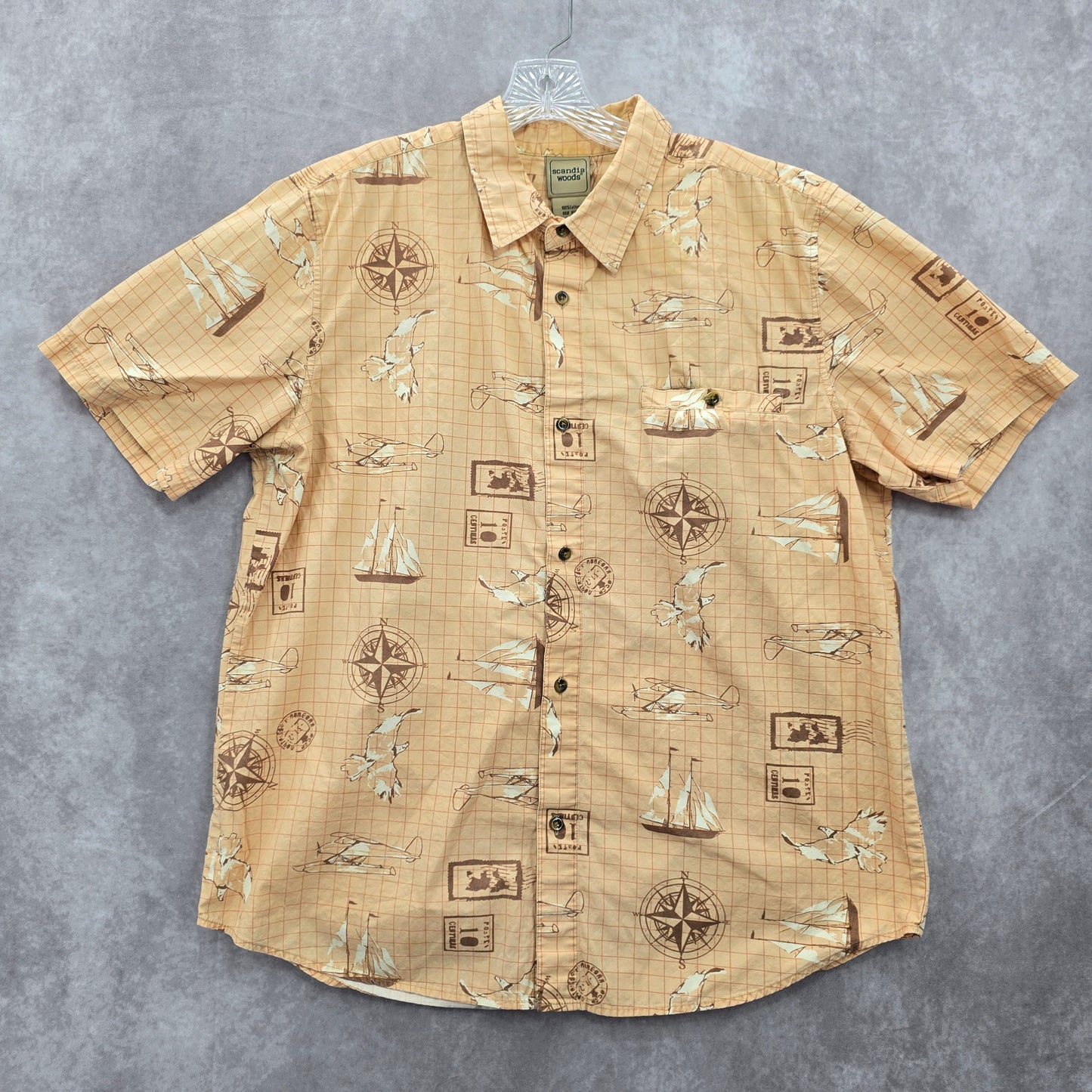 Scandia Woods Orange Compass Travel Tropical Island Vintage Hawaiian Shirt Large