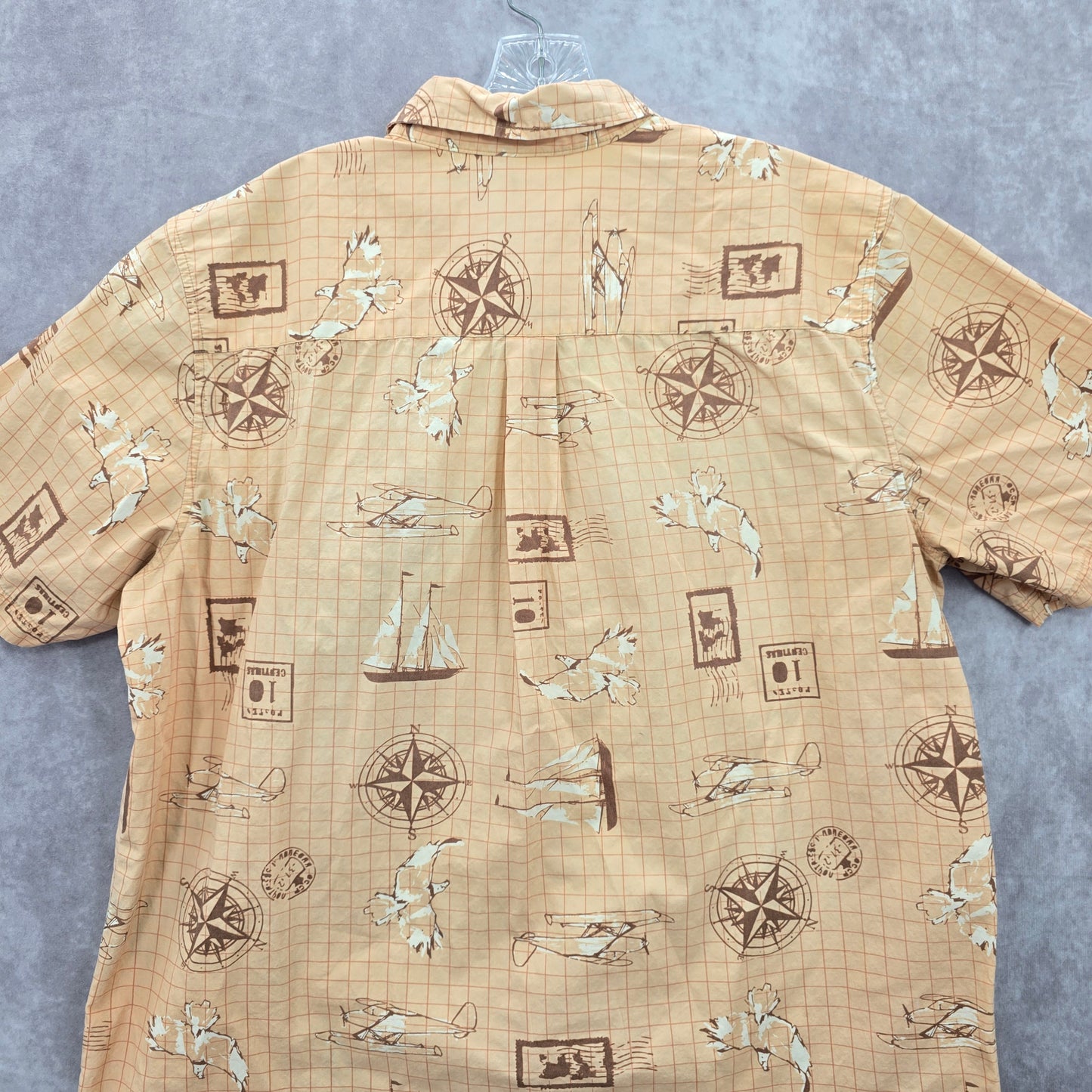 Scandia Woods Orange Compass Travel Tropical Island Vintage Hawaiian Shirt Large