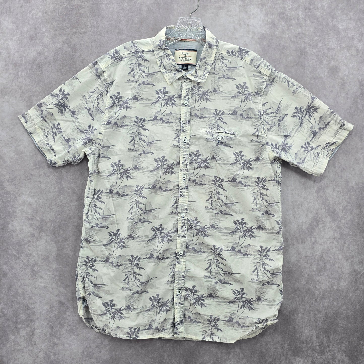 Flag & Anthem White Beach Palm Tropical Surf Island Vintage Hawaiian Shirt Large