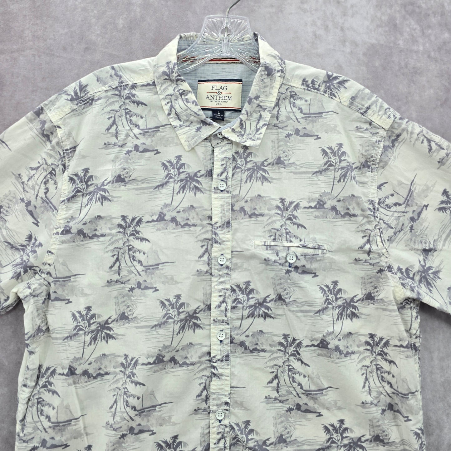 Flag & Anthem White Beach Palm Tropical Surf Island Vintage Hawaiian Shirt Large