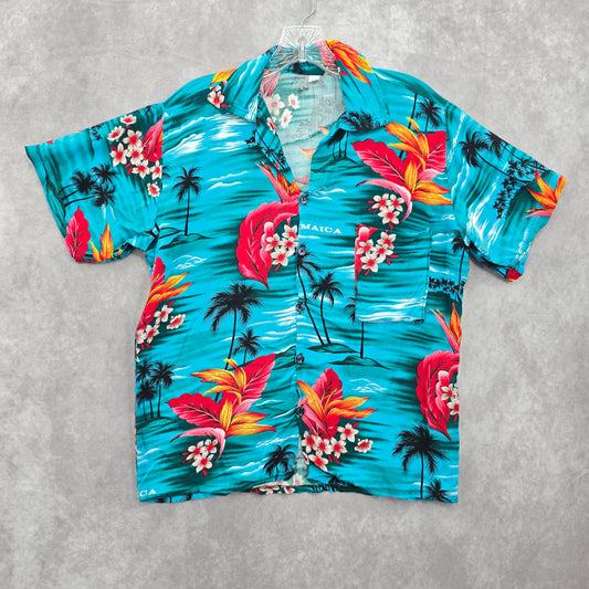 Blue Floral Jamaica Beach Palm Tropical Surf Island Vintage Hawaiian Shirt M