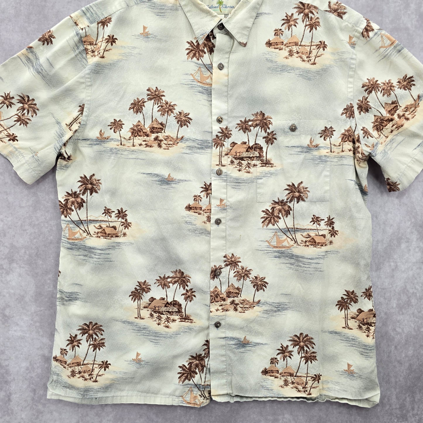 Island Shores Gray Beach Palm Tropical Surf Island Vintage Hawaiian Shirt Large