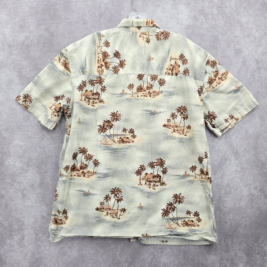 Island Shores Gray Beach Palm Tropical Surf Island Vintage Hawaiian Shirt Large