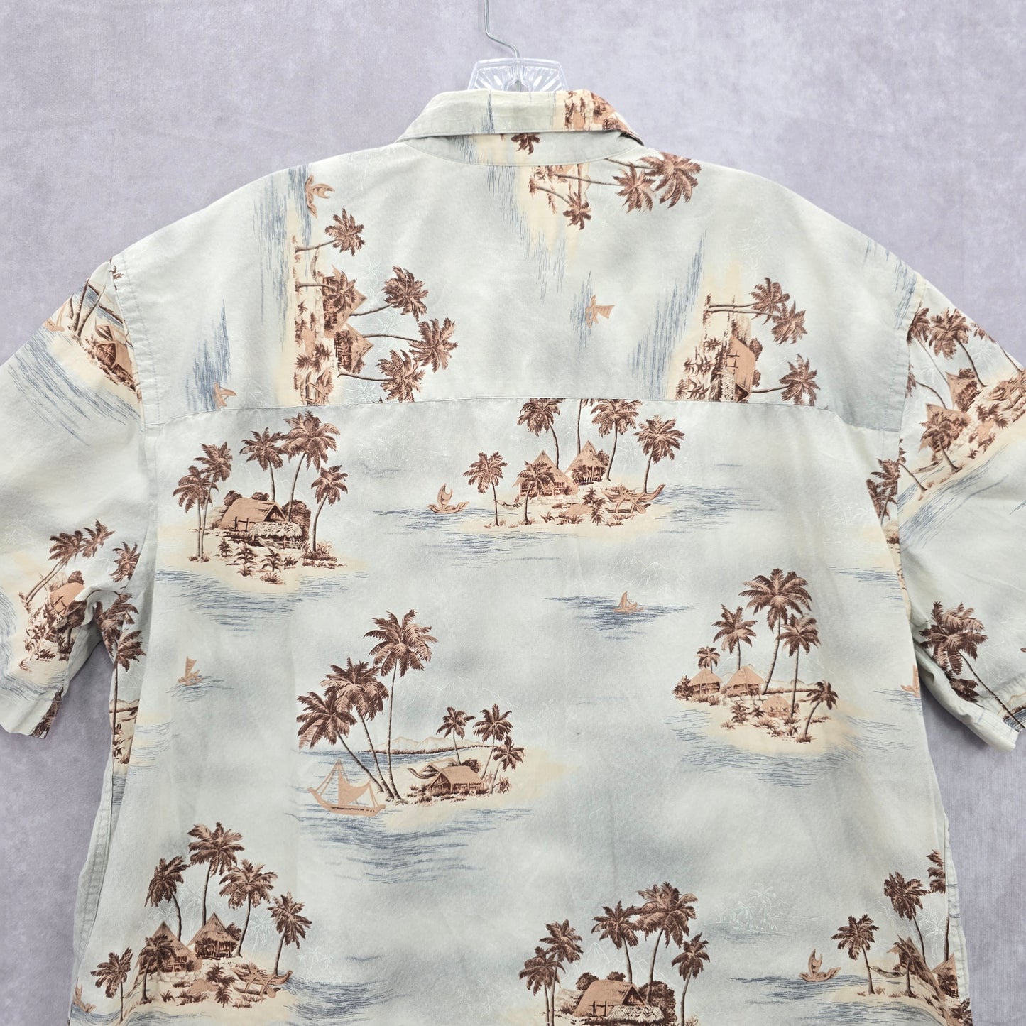 Island Shores Gray Beach Palm Tropical Surf Island Vintage Hawaiian Shirt Large