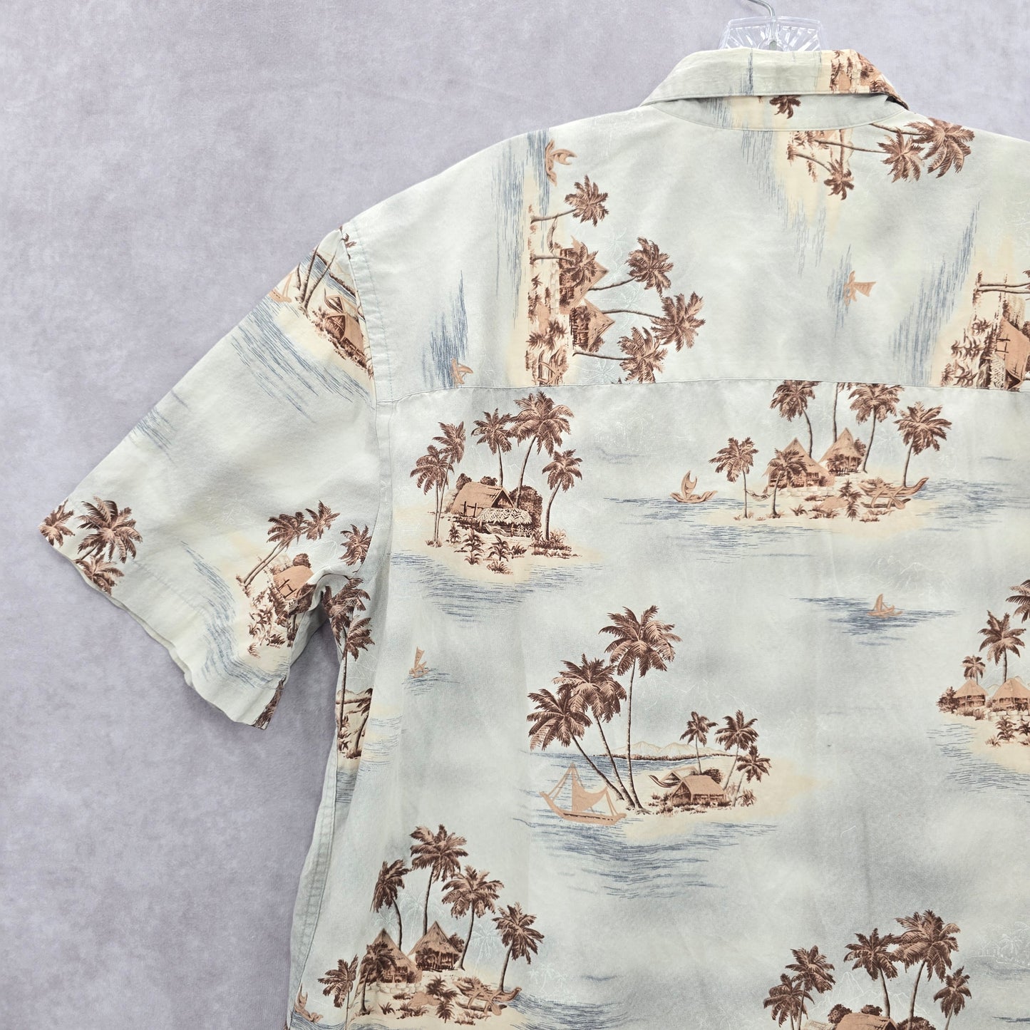 Island Shores Gray Beach Palm Tropical Surf Island Vintage Hawaiian Shirt Large