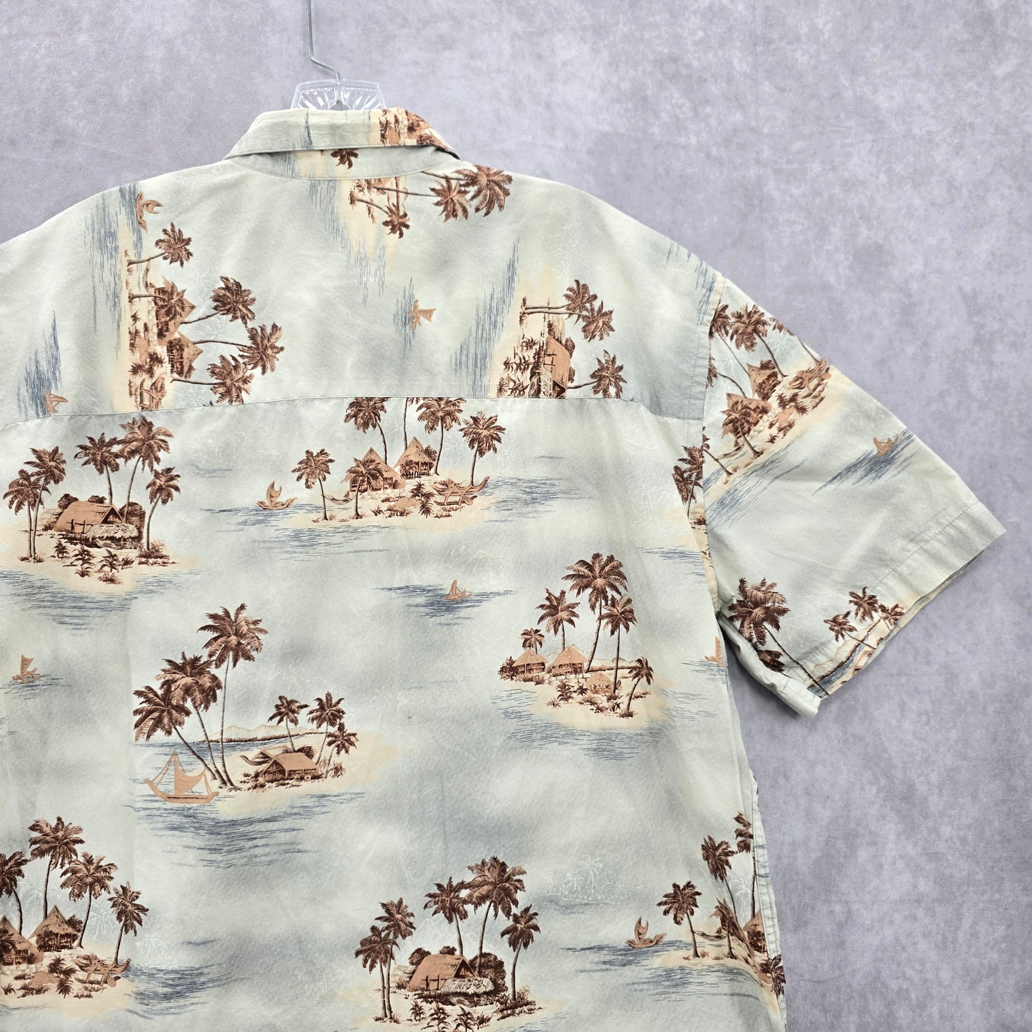 Island Shores Gray Beach Palm Tropical Surf Island Vintage Hawaiian Shirt Large