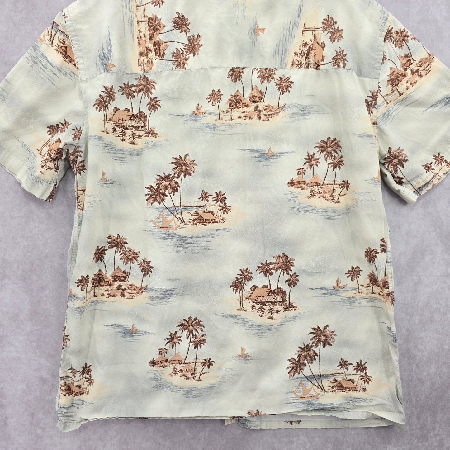 Island Shores Gray Beach Palm Tropical Surf Island Vintage Hawaiian Shirt Large