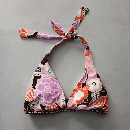 Brown Y2K Swim Resort Beach Vacation Floral Grunge Halter Goth Bikini Top Large