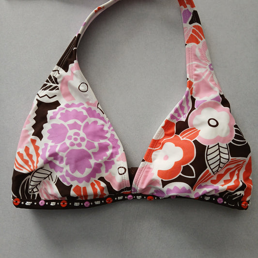 Brown Y2K Swim Resort Beach Vacation Floral Grunge Halter Goth Bikini Top Large