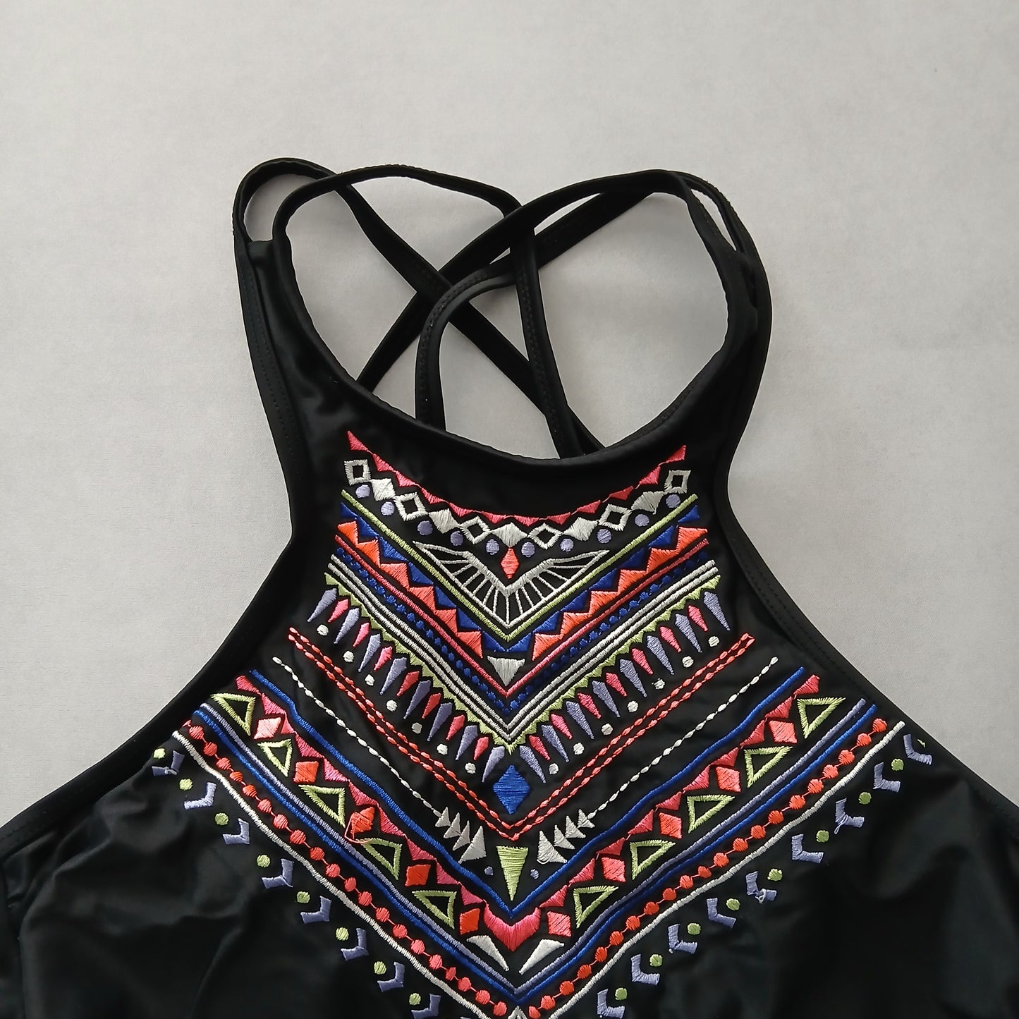 Black Y2K VTG Swim Tropical Resort Beach Grunge Goth Vacation Bikini Top Large