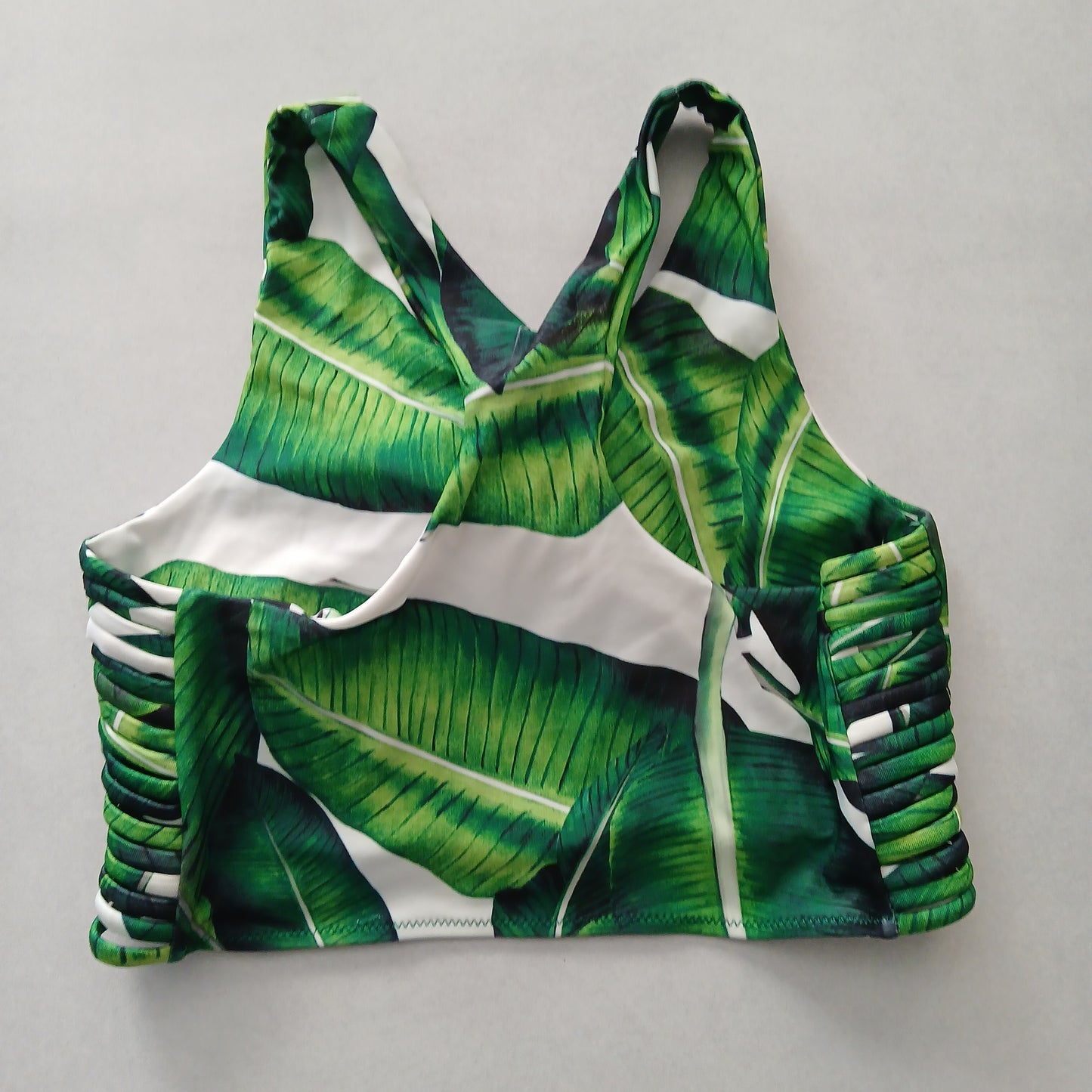 Green Boho Y2K VTG Swim Tropical Resort Beach Stripe Vacation Bikini Top Large
