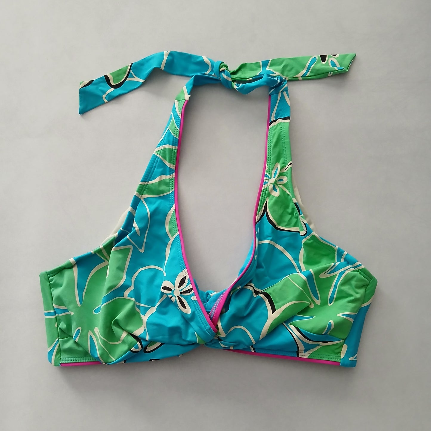 Blue Boho Y2K VTG Swim Tropical Resort Beach Floral Vacation Bikini Top Large 36D/DD