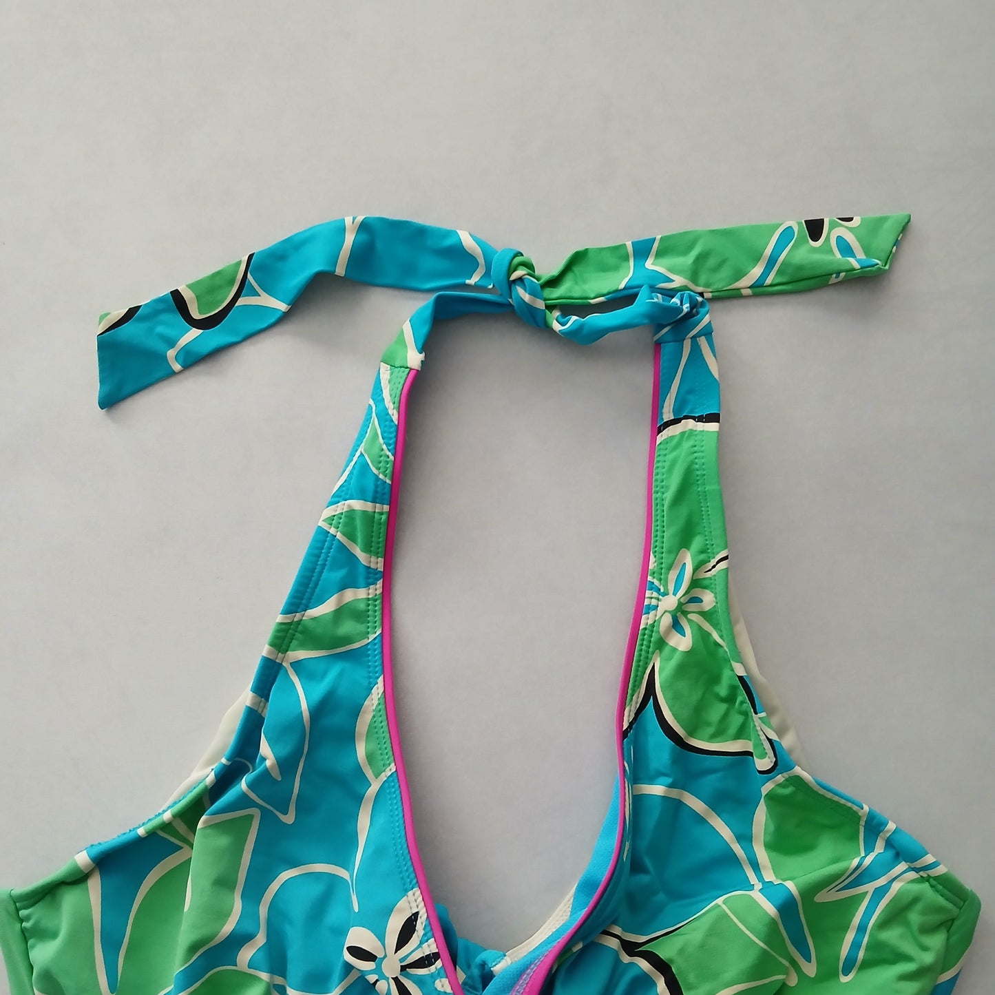 Blue Boho Y2K VTG Swim Tropical Resort Beach Floral Vacation Bikini Top Large 36D/DD