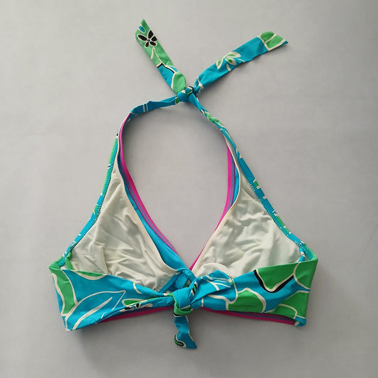 Blue Boho Y2K VTG Swim Tropical Resort Beach Floral Vacation Bikini Top Large 36D/DD