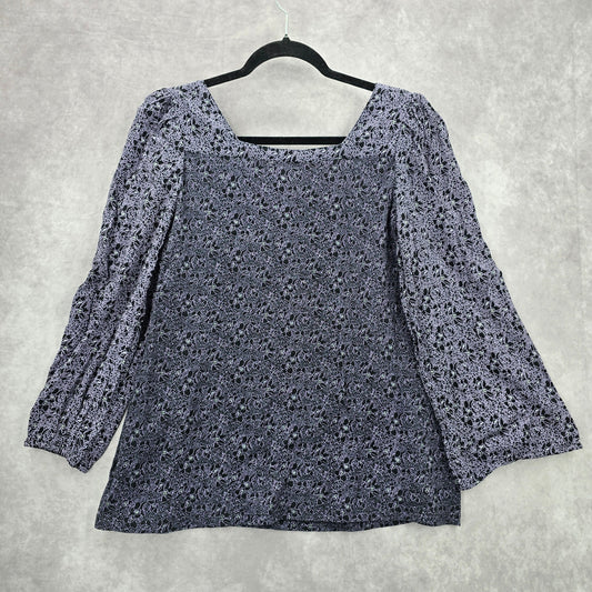 Style & Co Purple Black Floral Long Sleeve Flare Top Shirt Blouse Medium