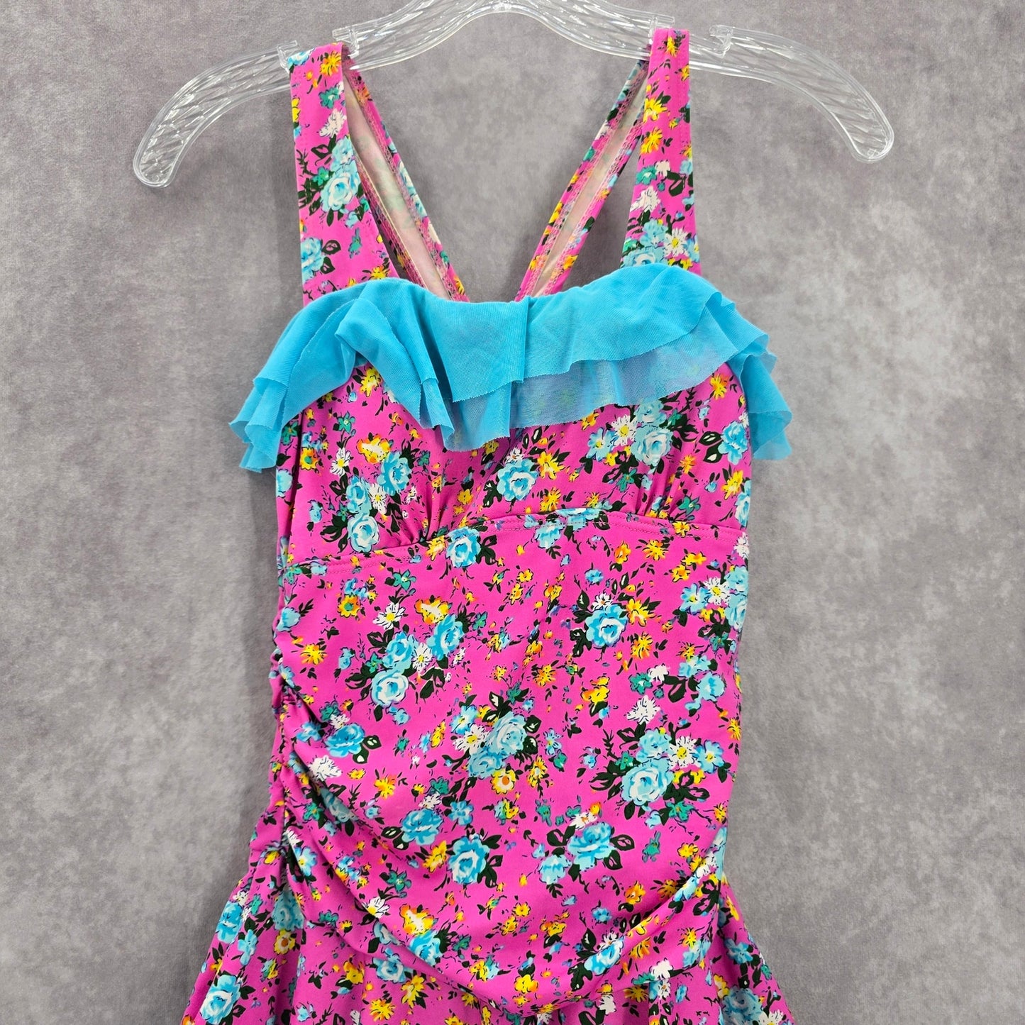 Pink Blue Floral Skort One Piece Ruffle Swim Junior Youth Boho Skirt Girls 16