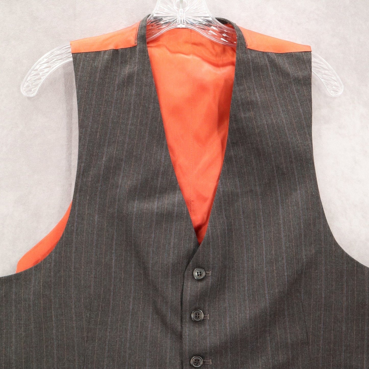 Gray Stripe Point 5 Button Orange Welt Pocket Waistcoat Tuxedo Suit Vest L 46R