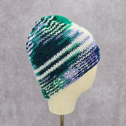 Green Purple Crochet Knit Bucket Cap Hat Fun VTG Y2K Funky Beanie