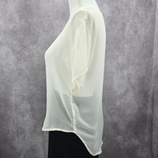 Lily White Sheer Black Lace Short Sleeve High Low Cottage Y2K Blouse Top Medium