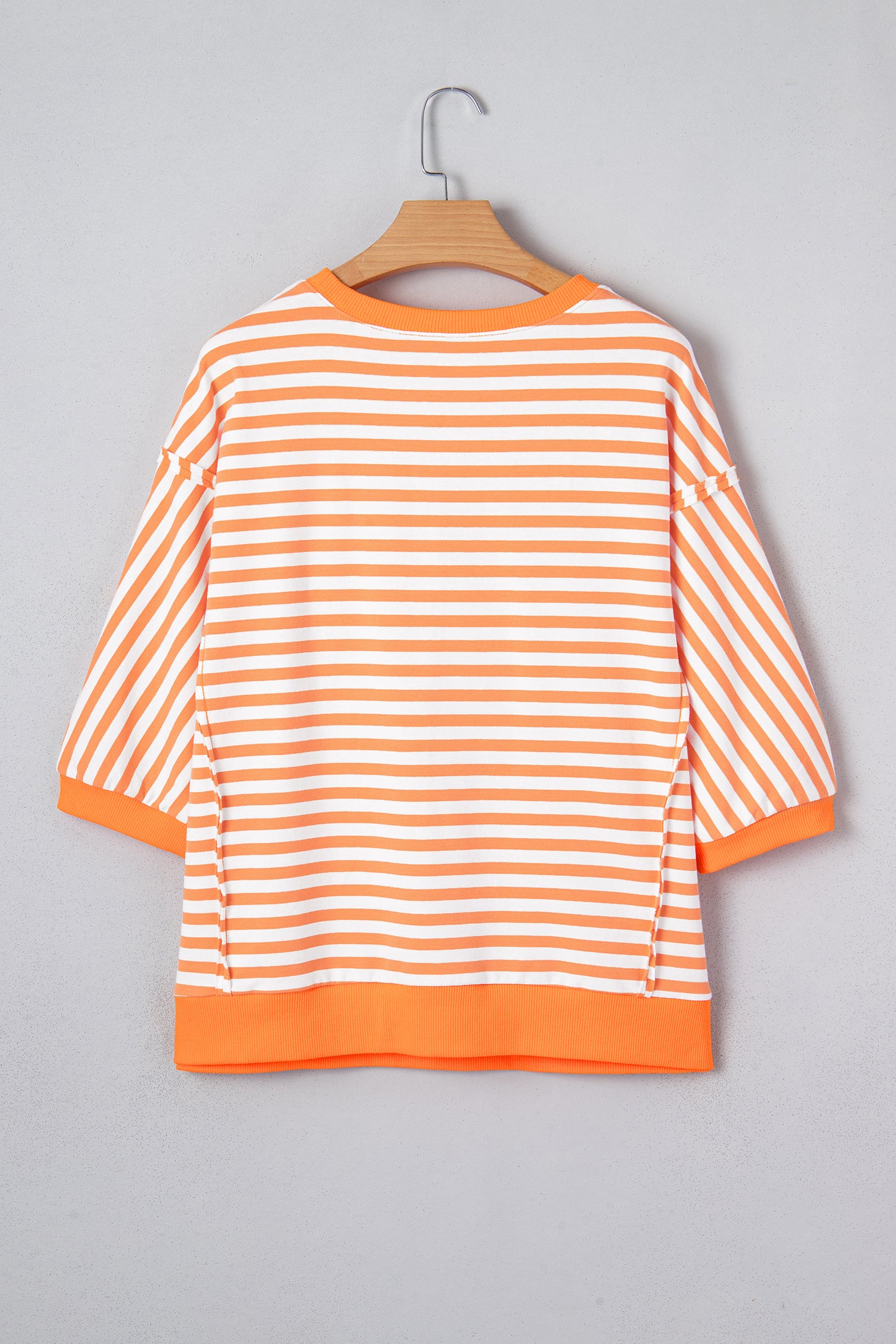 Orange Stripe 3/4 Sleeve Exposed Seam Patchwork Pullover Top