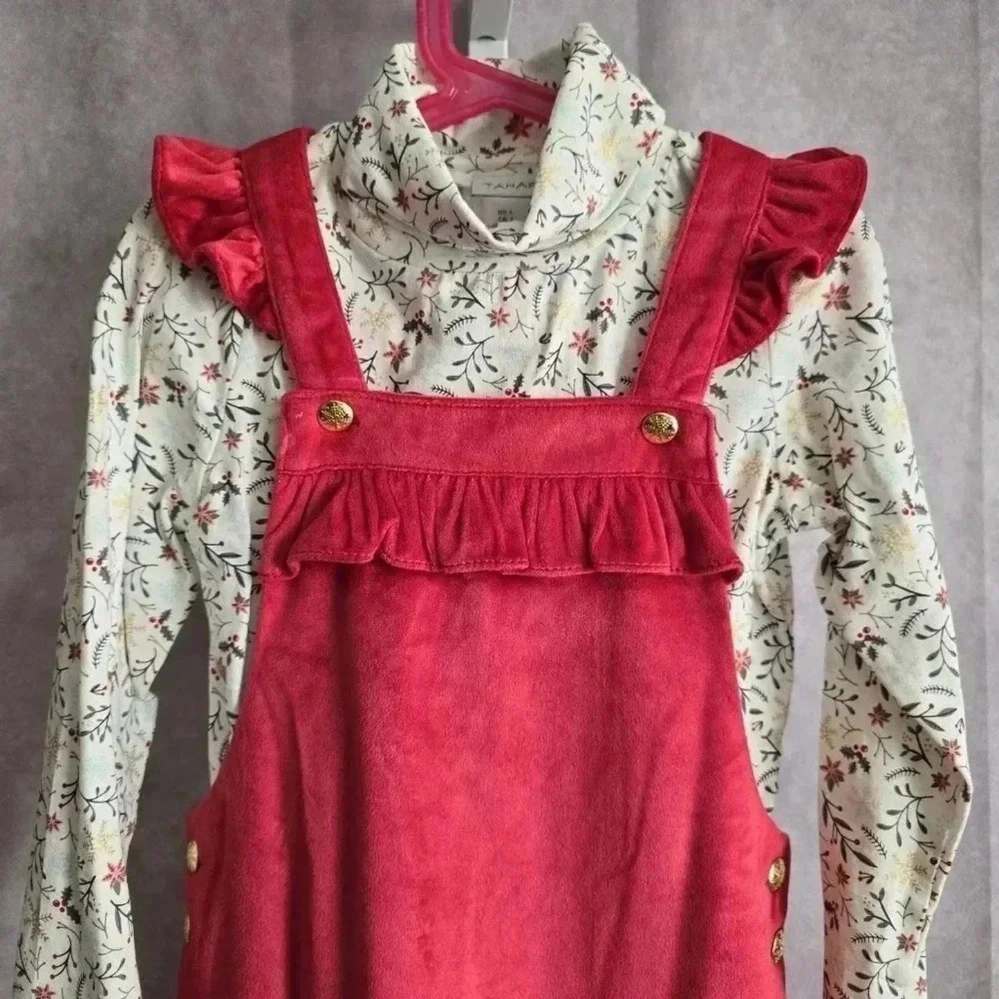 Tahari Red Ruffle Overall Jumper 2 Piece Long Sleeve Dress Holiday Girls Size 7