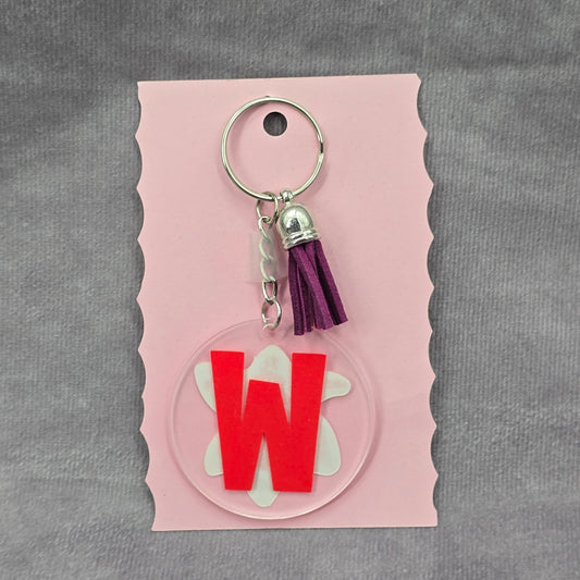 Letter Keychain Clear Silver Circle Handmade Acrylic Tassel Flower W Purple