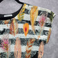 Takaya Siam Black Short Sleeve Maxi Feather Print Sheer Ruffle Dress Medium