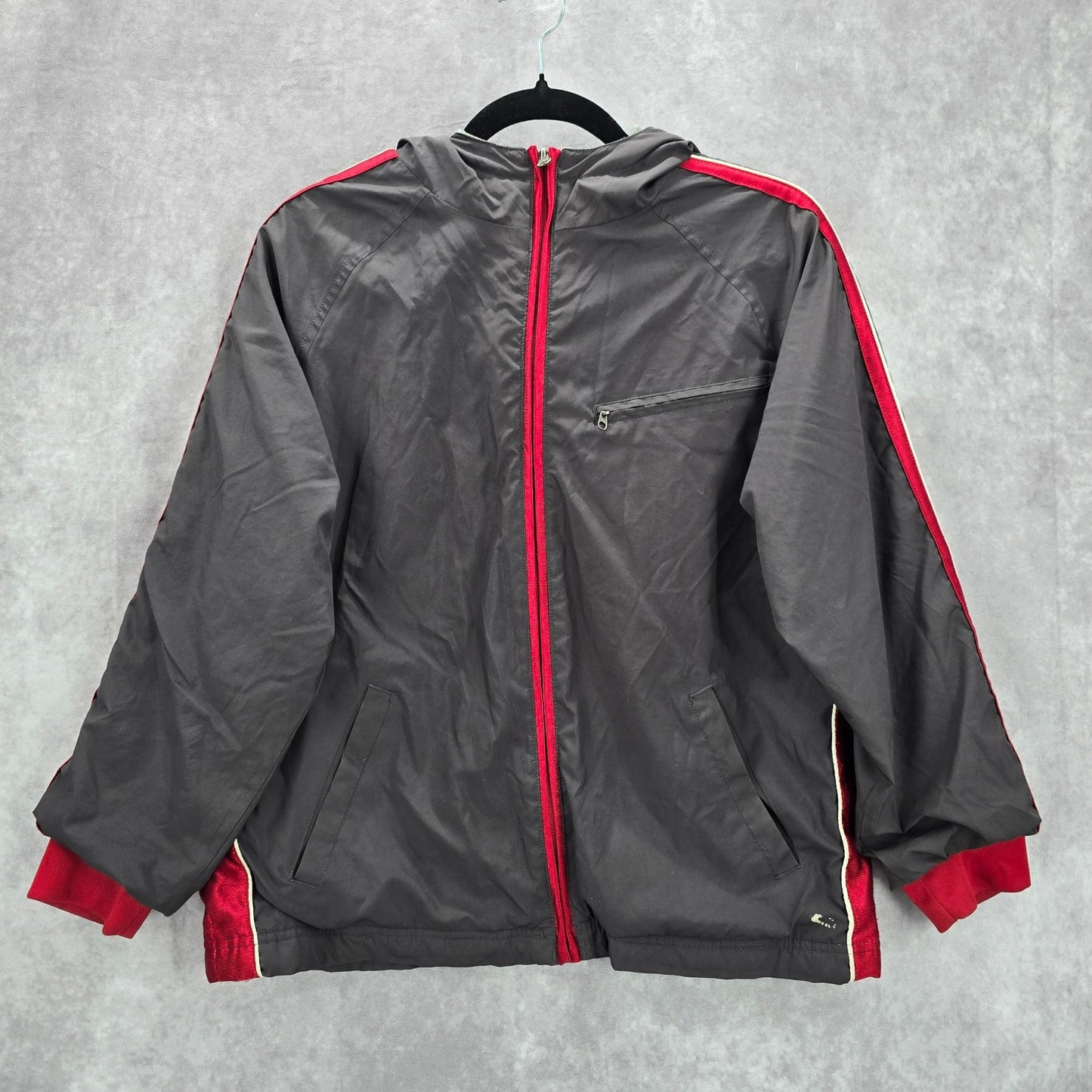 Tek Gear Gray Red Full Zip Hooded Track Windbreaker Jacket Coat Large L 14/16