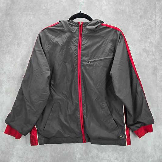 Tek Gear Gray Red Full Zip Hooded Track Windbreaker Jacket Coat Large L 14/16