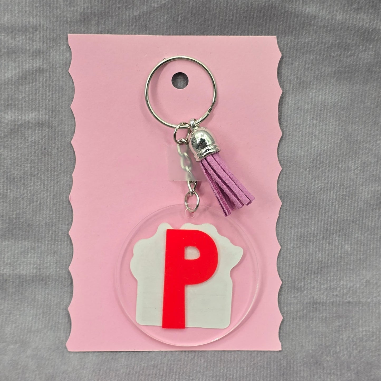 Letter Keychain Clear Silver Circle Handmade Acrylic Tassel Flower P Purple
