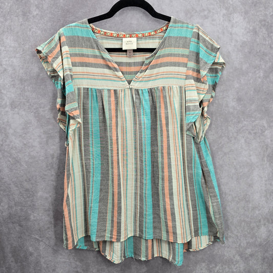 Knox Rose Blue Stripe Boho Ruffle Short Sleeve Cotton Flare Top XS