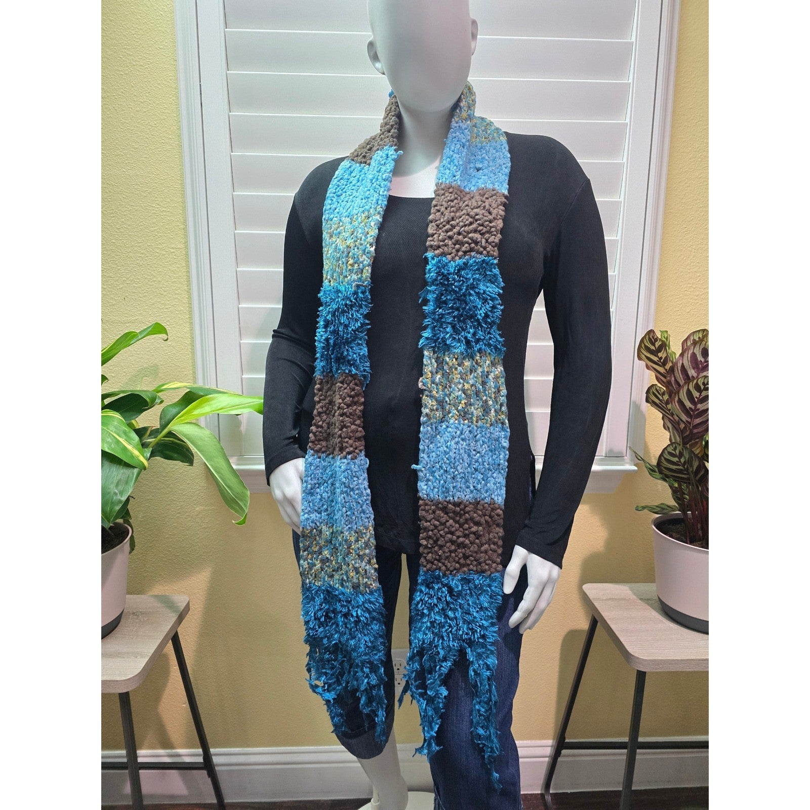 Cejon multicolor knit fringe scarf worn on mannequin