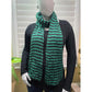 Green and black striped knit scarf wrapped at the neck