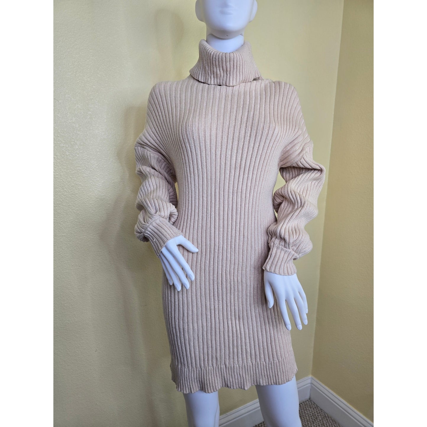 Ribbed Cream Y2K Sporty Chic Preppy Turtleneck Short Sweater Dress Small