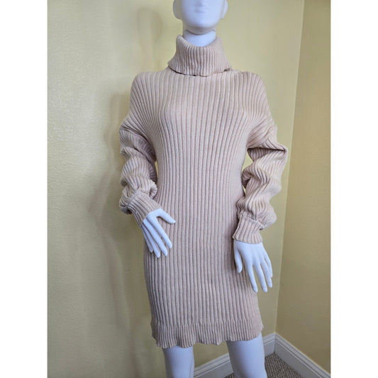 Ribbed Cream Y2K Sporty Chic Preppy Turtleneck Short Sweater Dress Small