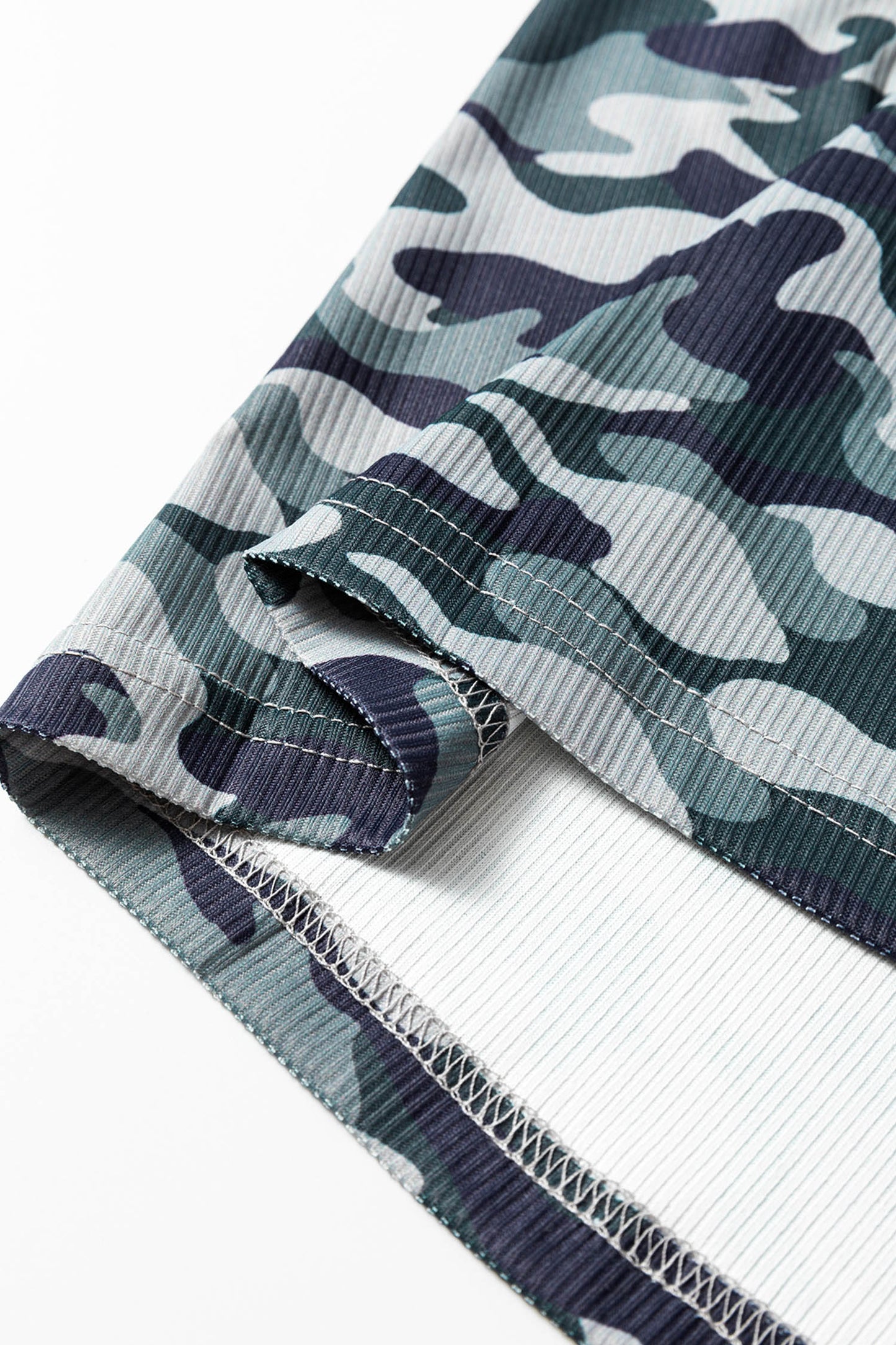 Green Camouflage Print Lace Patchwork Detail Button Long Sleeve Top