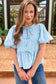 Sky Blue Stripe Bow Knot Textured Short Puff Sleeve Babydoll Blouse