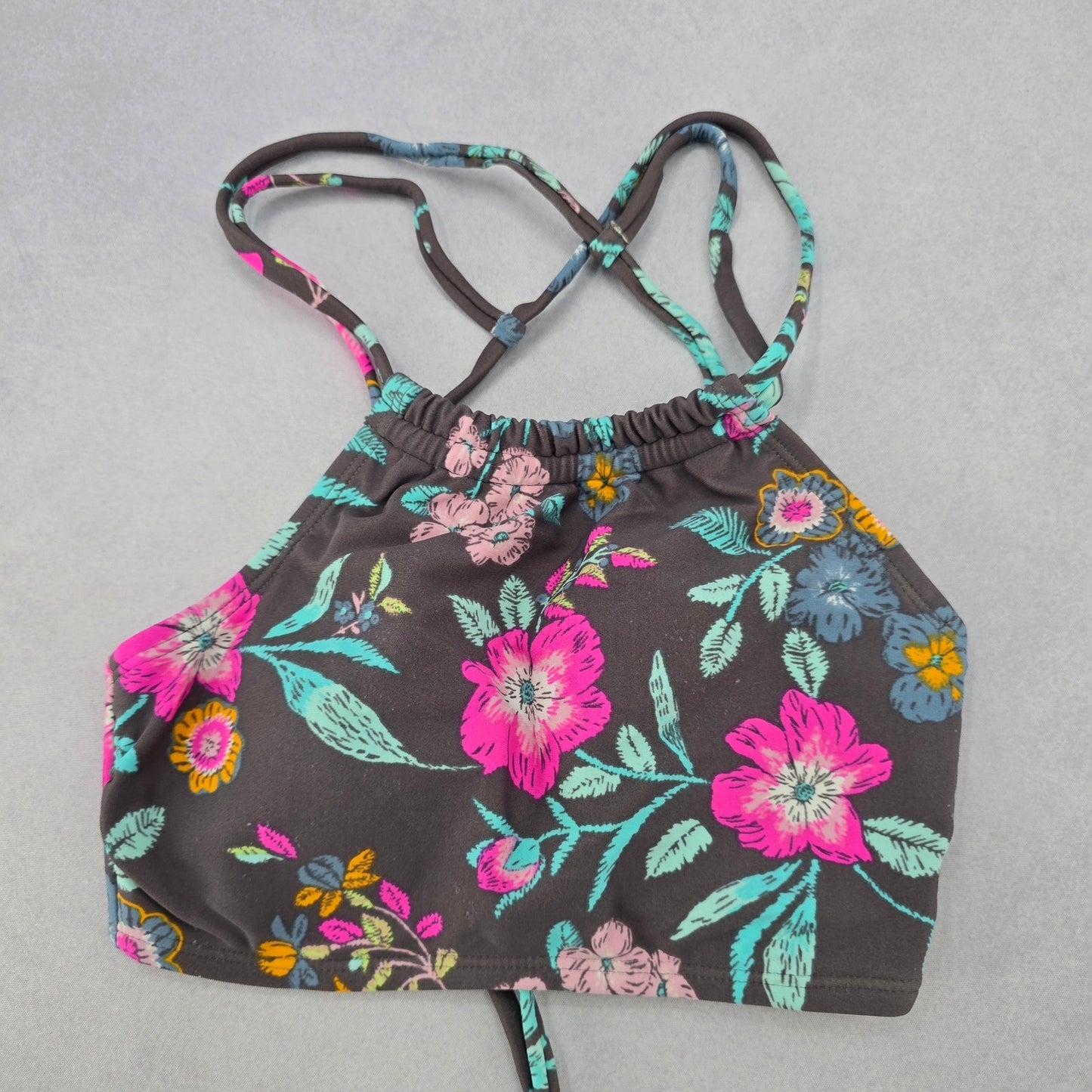True Craft Gray Floral Halter Tie Padded Active Bikini Bralette Swim Top S Small