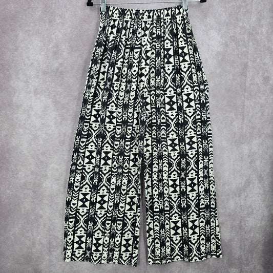 Black White Wide Leg Pullon Boho Beach Funky Print Bottoms Pants Medium