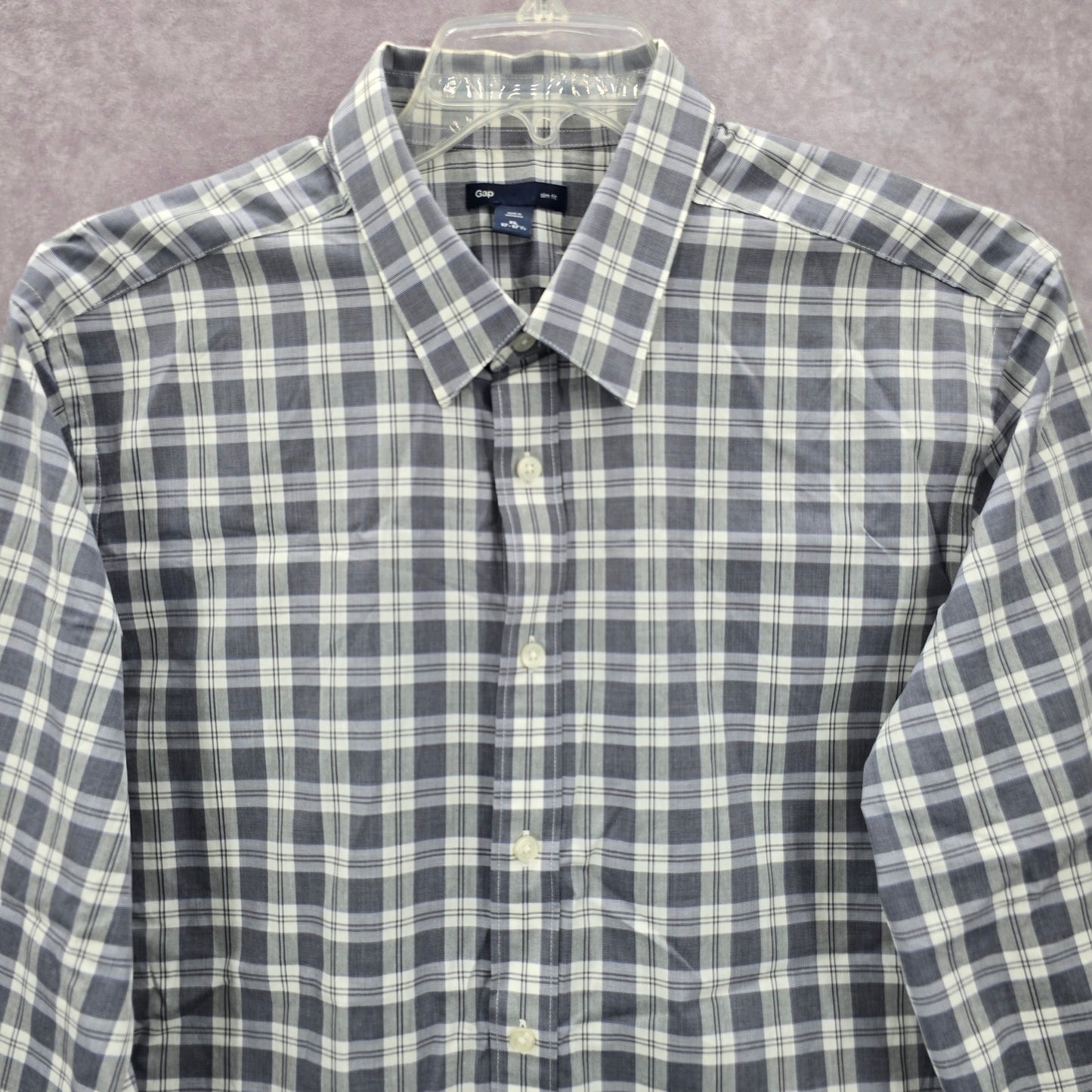 Gap Slim Fit Gray Plaid Long Sleeve Casual Work Mens Button Down Dress Shirt XL