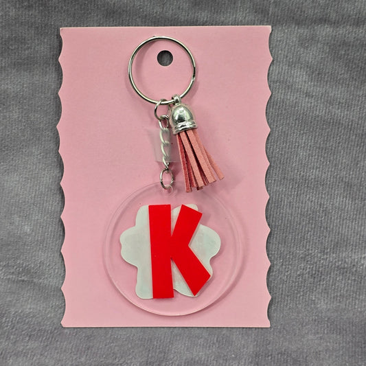 Letter Keychain Clear Silver Circle Handmade Acrylic Tassel Flower K Pink