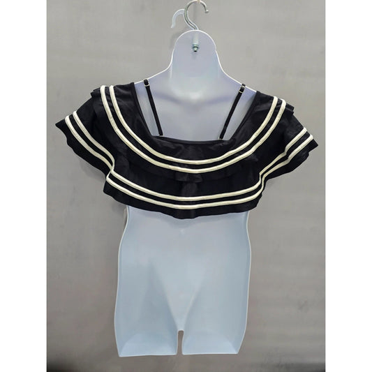 Jess Lea Black Soaking Up Sun Ruffle Swimsuit Stripe Top Large
