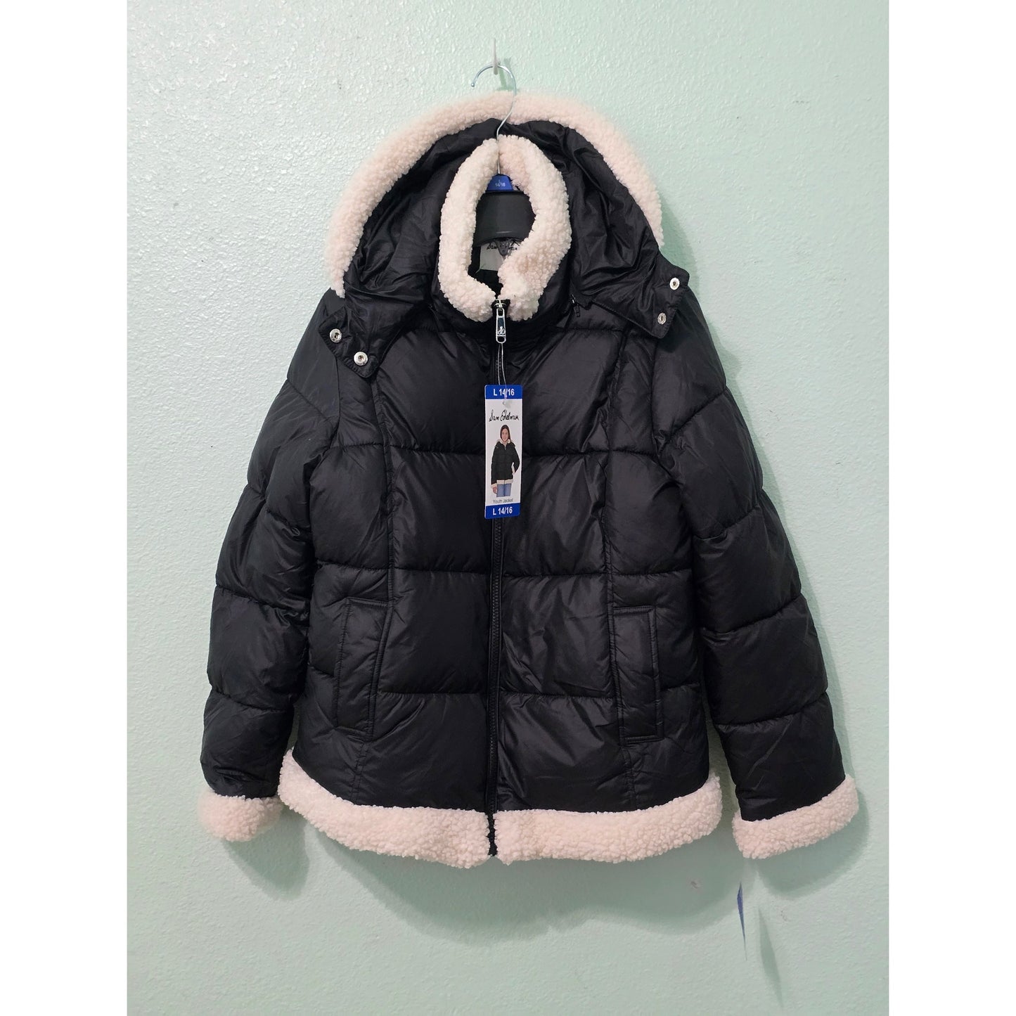 Black Sherpa Ski Snow Puffer Hood Star Whimsygoth Girls Sam Edelman Jacket L