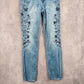 129. Seven7 Blue Embroidered Floral Straight Tapered Denim Pants Jeans 6