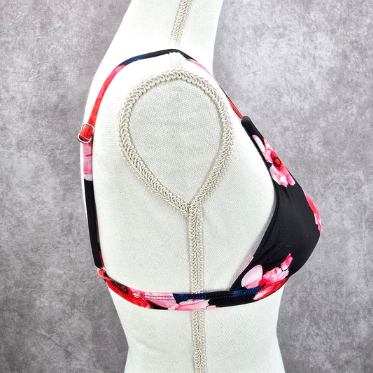 Shein Black Pink Floral Triangle Adjustable Clasp Bikini Top Swimwear Medium