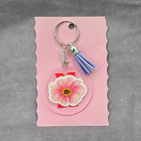 Letter Keychain Clear Silver Circle Handmade Acrylic Tassel Flower X Purple