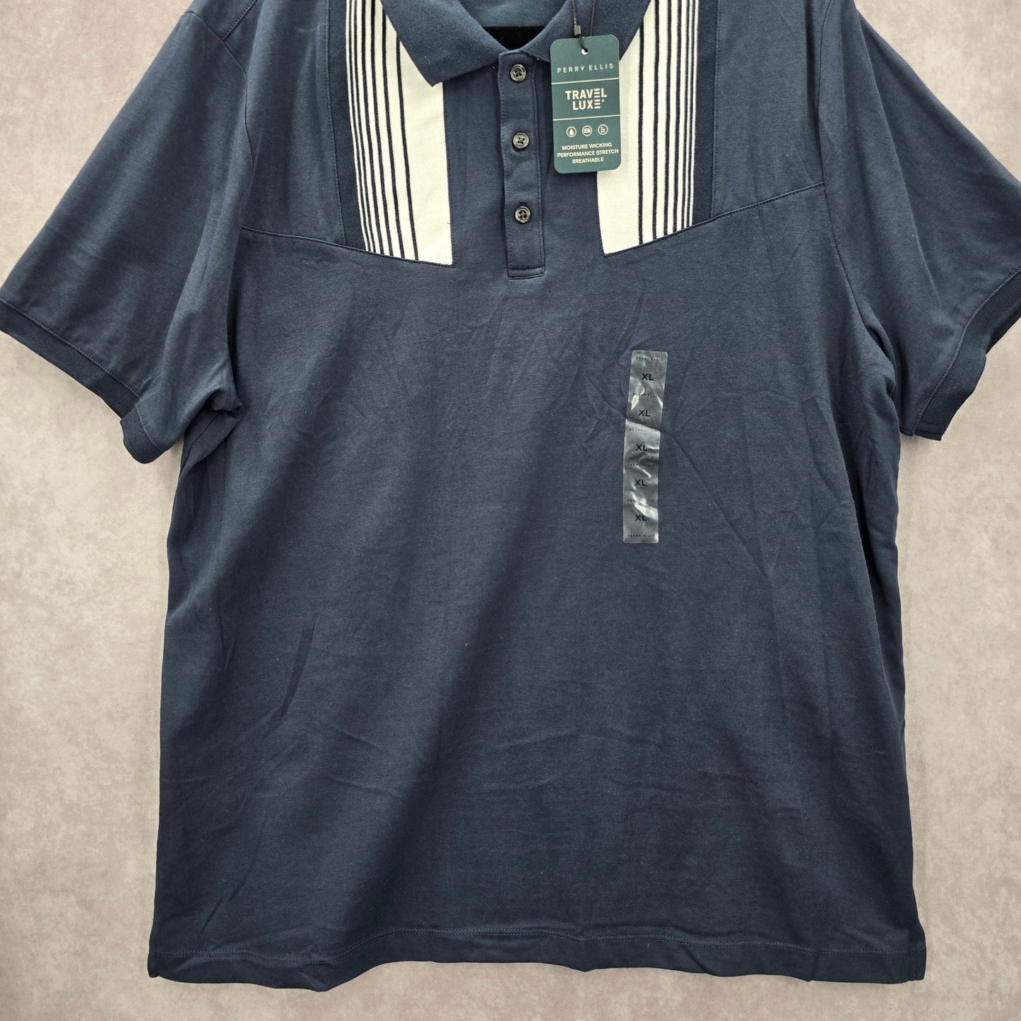 Perry Ellis Blue Stripe Polo Pima Cotton Preppy Travel Luxe Mens Shirt Top XL
