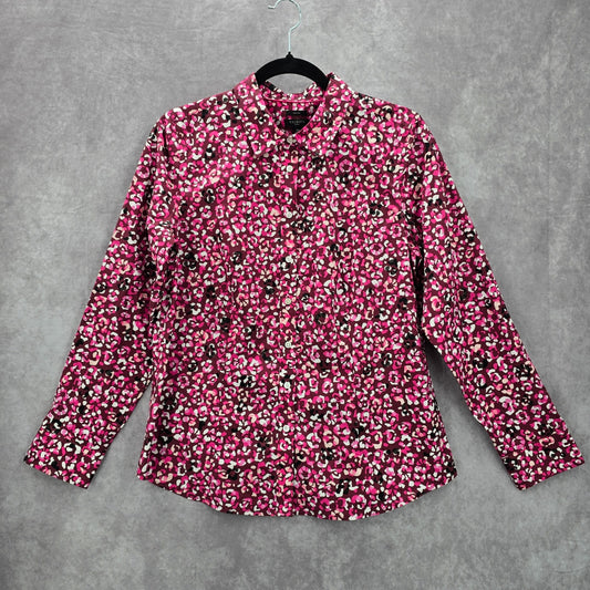Talbots Pink Animal Print Long Sleeve Button Blouse Top Shirt Petite Cotton 12P