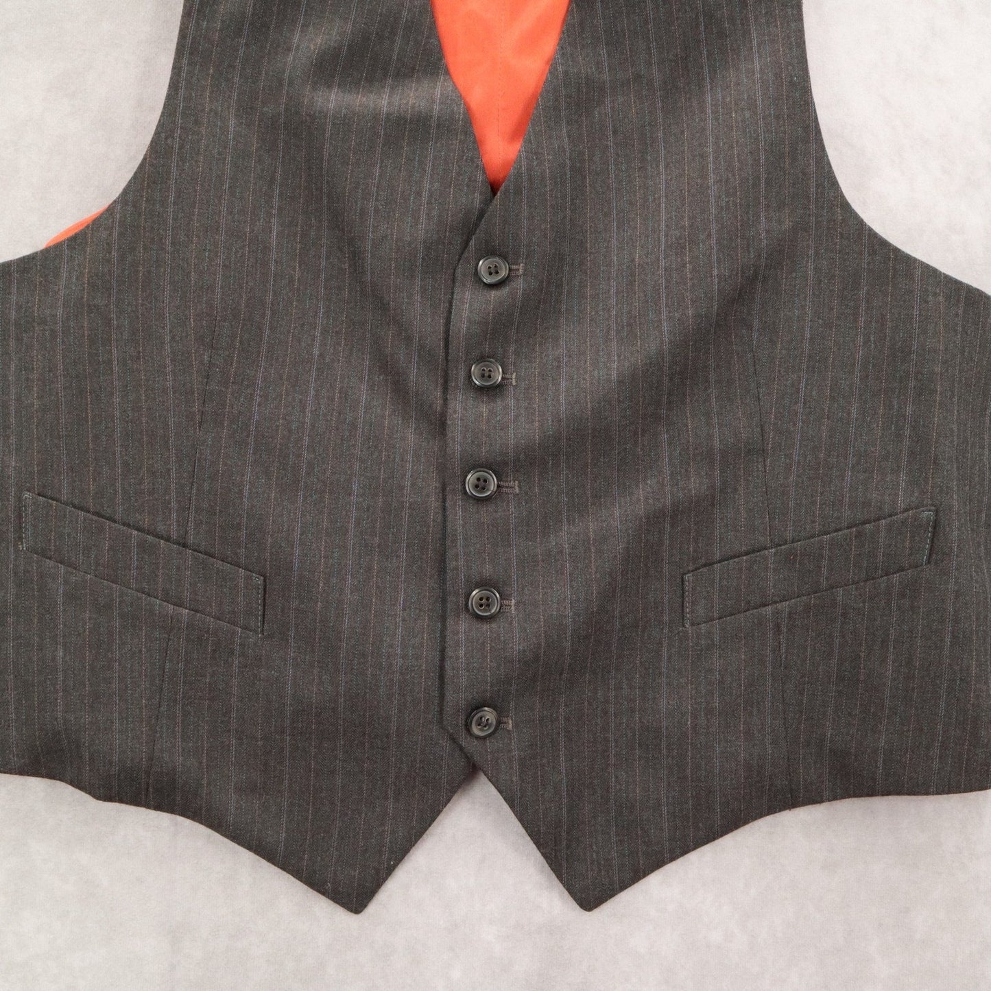 Gray Stripe Point 5 Button Orange Welt Pocket Waistcoat Tuxedo Suit Vest L 46R